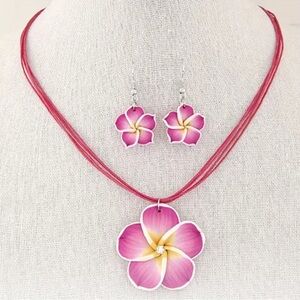New! Beautiful Dark Pink Pendant Flower Zircon Necklace Matching Drop Earrings
